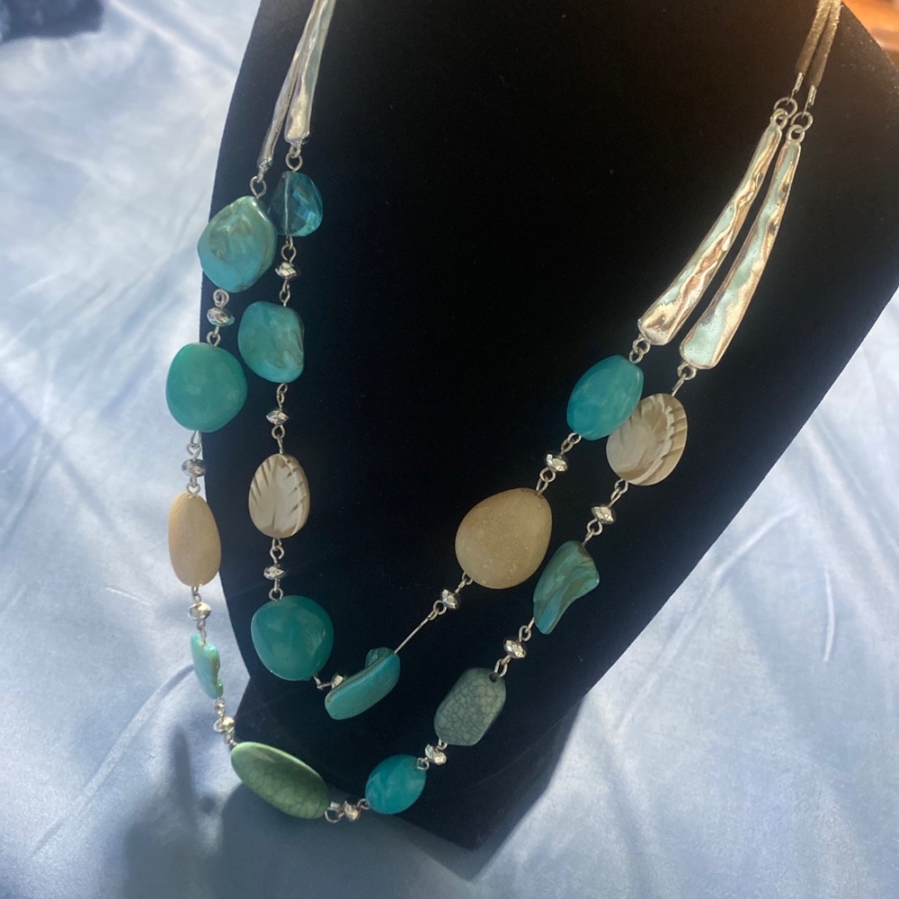 Turquoise beige and silver double strand beaded necklace leather
